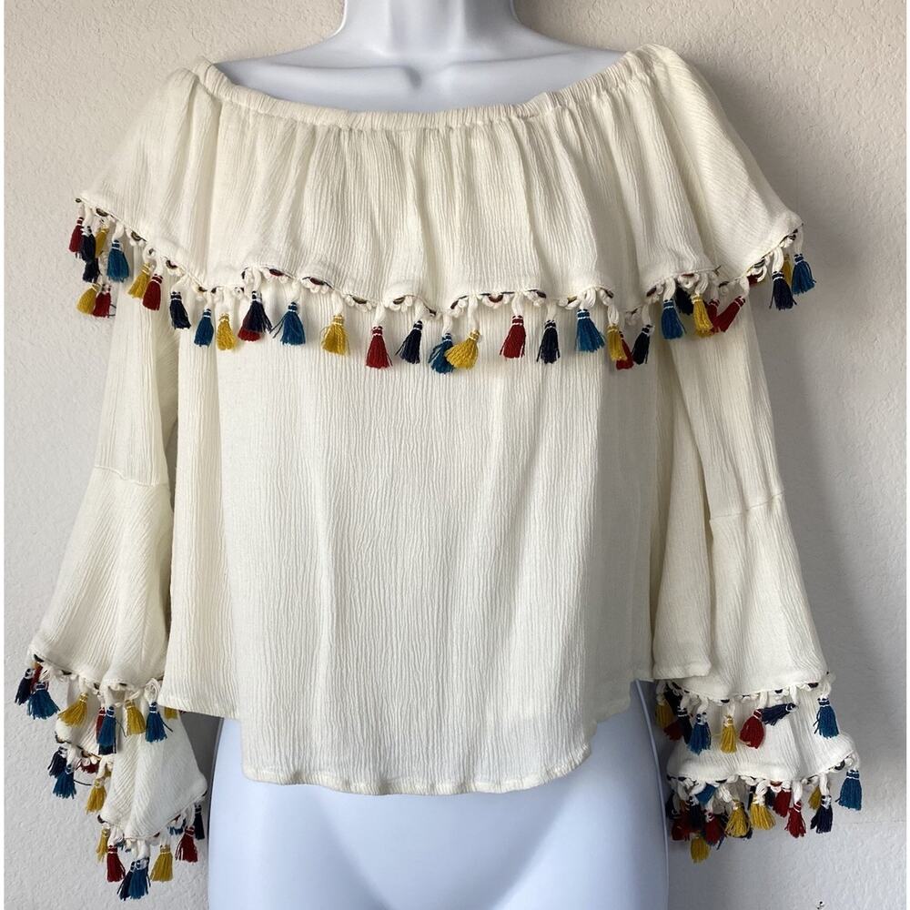 Alter'd state Off The Shoulder Tassel Long Bell Sleeve Blouse Small Boho Festive